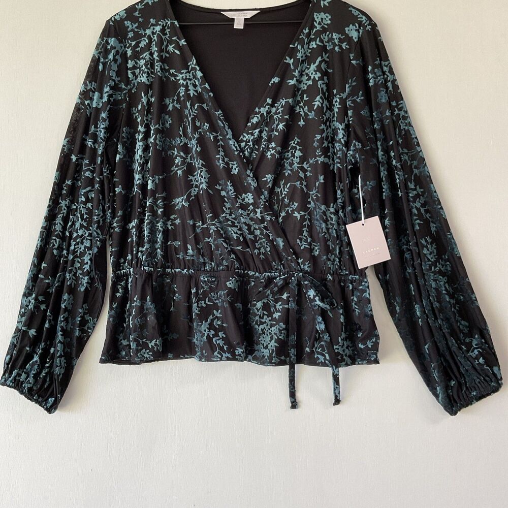 NWT Lauren Conrad Women's Large Velvet Burnout Floral Faux Wrap Peplum Tie Front